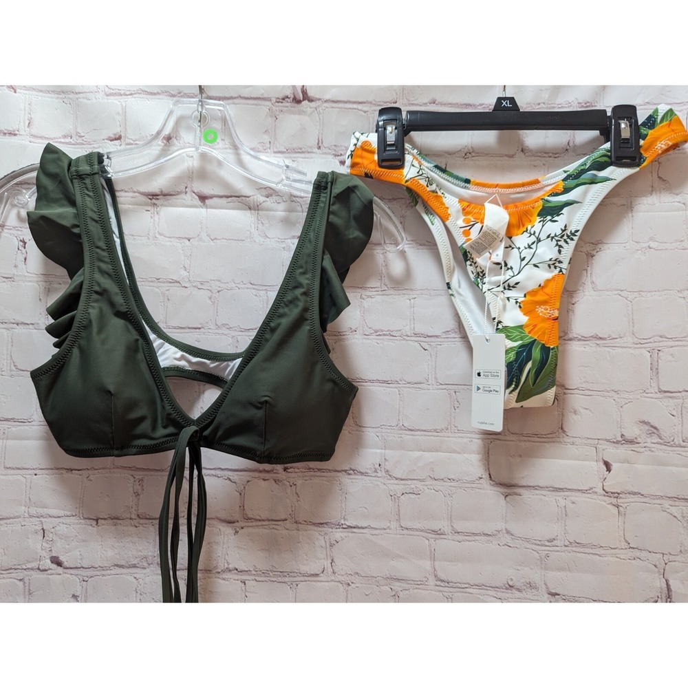 CUPSHE 2 pc women bikini swim suit bathing suit Green ruffle orange flower NWT S